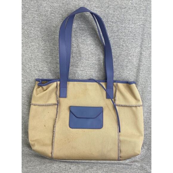 Ugg Australia Tote Womens Leather Canvas Khaki Purple Grab Shopping Bag Purse - Picture 4 of 14